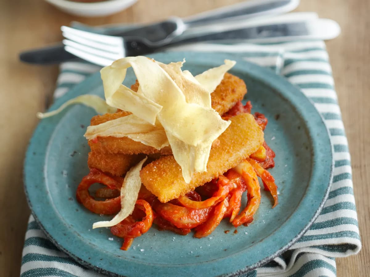 Vissticks op venkel met pastinaakchips
