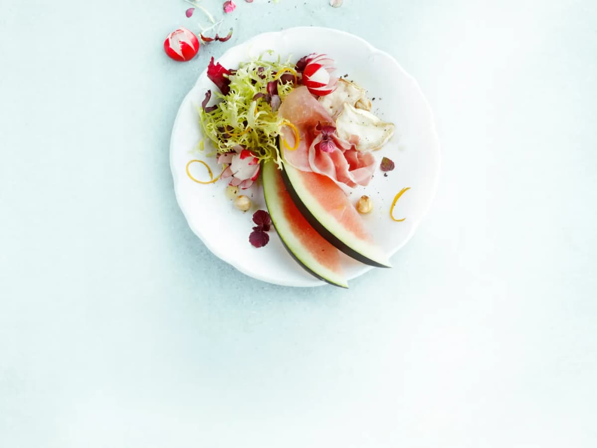 Geitenkaas met parmaham en watermeloen