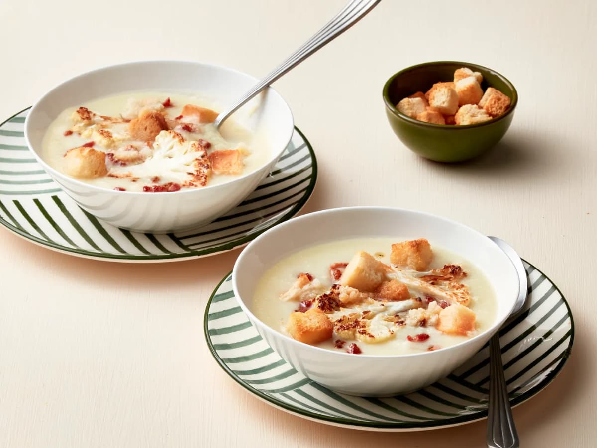 Bloemkoolsoep met spekjes en croutons