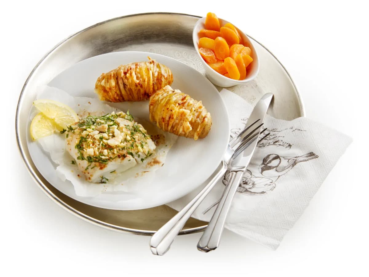 Kabeljauw met amandeltopping en parmezaanaardappels